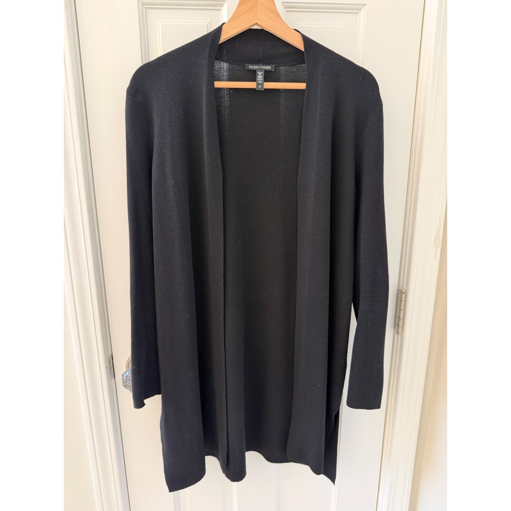 Eileen Fisher Black Superfine Merino Wool Open Front Cardigan Sweater S/P